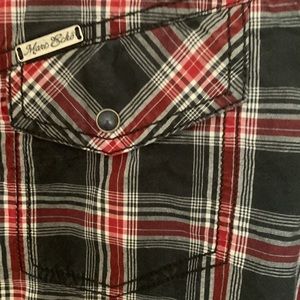 Marc Ecko Cut and Sew snap/button front shirt,shoulder tabs & front pockets, L